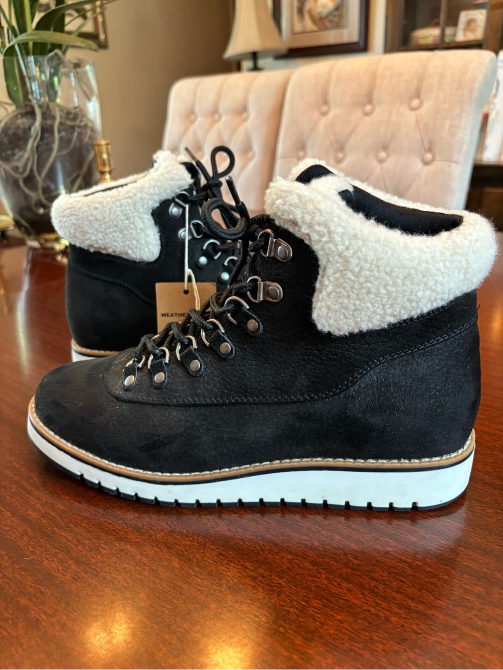 White Mountain Black Faux Suede Lace-Up Ankle Boots with Cream Sherpa Collar